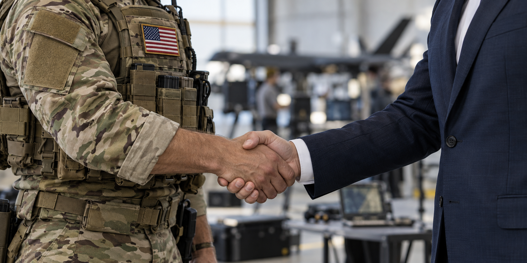 A special operations professional and a business executive shake hands at a demonstration event.